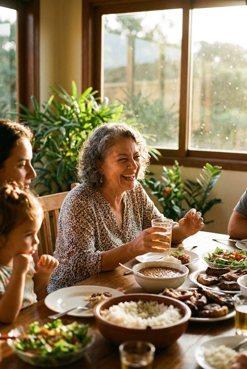 Mulher de uns 60 anos rindo em um almoço de família