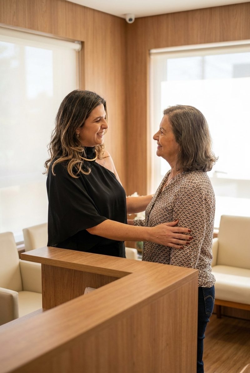 Dra. Francine recebendo uma paciente no consultório